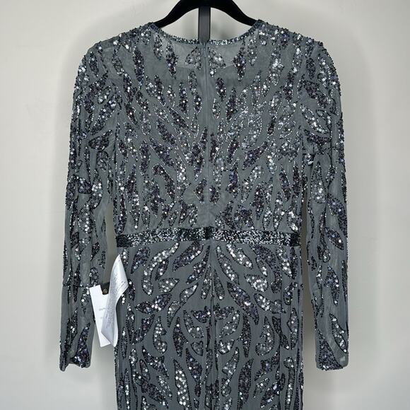 NWT MAC DUGGAL Charcoal Sequin Beaded Long Sleeve Evening Gown Women’s - Picture 10 of 13